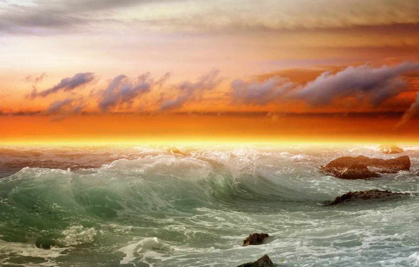 Фото обои волны, камни, океан, берег