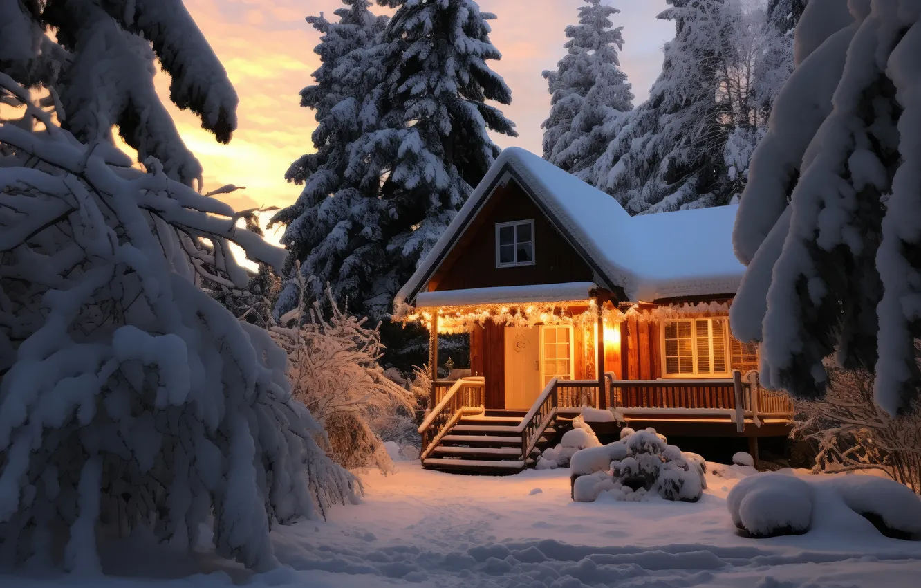 Фото обои зима, лес, снег, домик, house, хижина, forest, winter