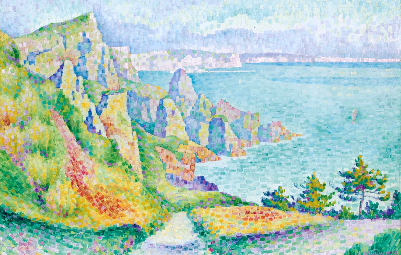 Фото обои пейзаж, картина, 1906, пуантилизм, фовизм, Скалы Лонг-сюр-Мер, Jean Metzinger, Жан Метценже