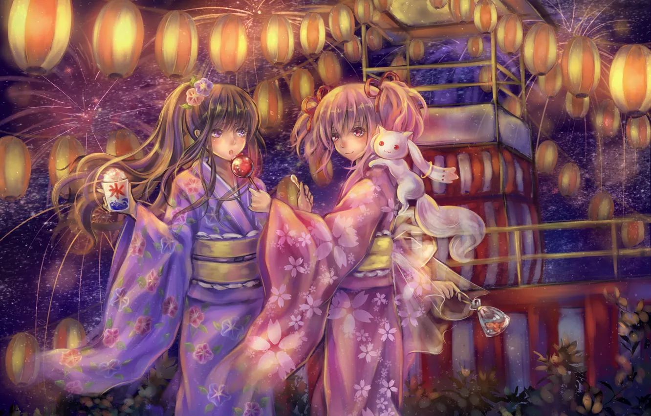 Фото обои девушки, праздник, рыбка, фонари, сладости, фейерверк, art, mahou shoujo madoka magica