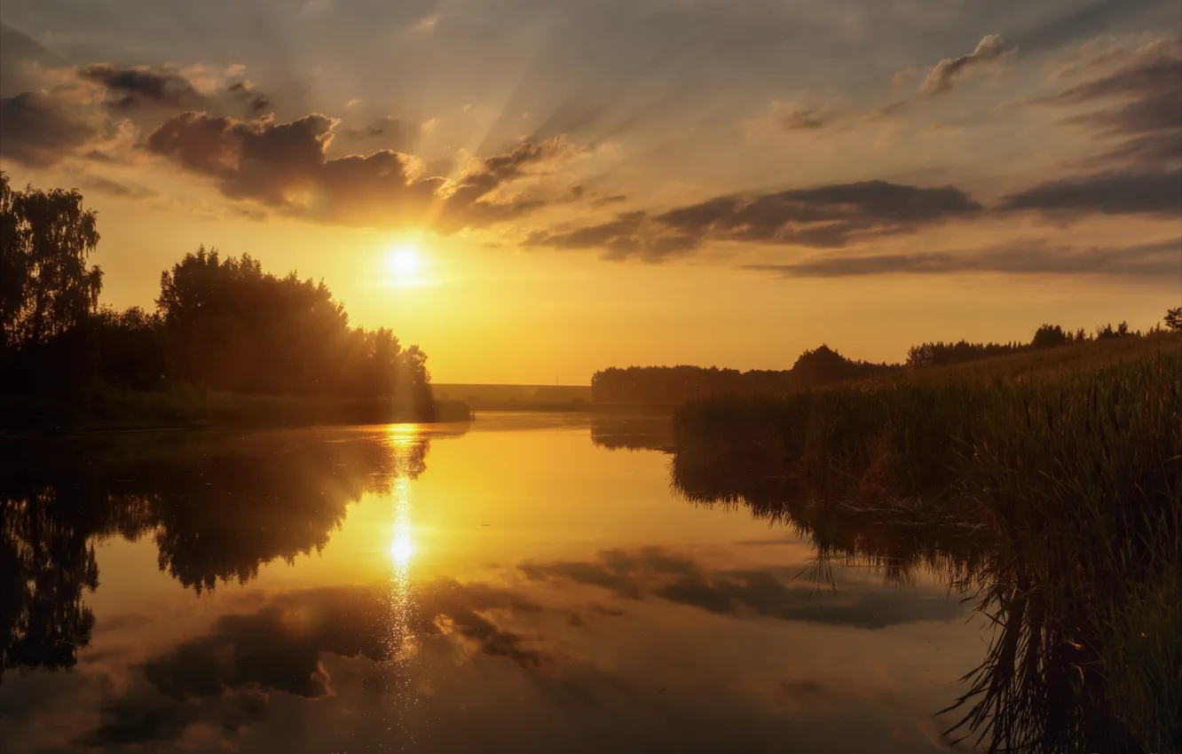 Фото обои лето, небо, лучи, закат, отражение, река, Богорянов Алексей