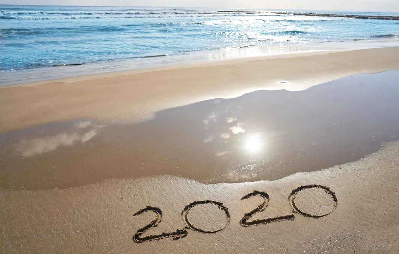 Фото обои песок, море, пляж, Новый год, new year, happy, beach, sea