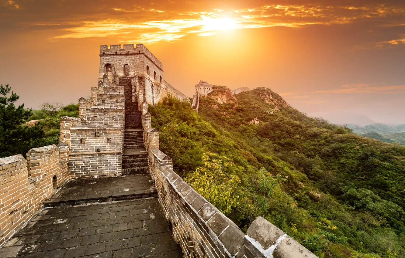 Фото обои горы, рассвет, Китай, Beijing, Пекин, Великая Китайская стена, Great Wall of China