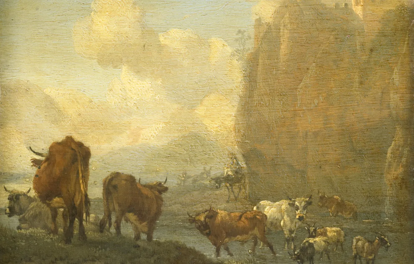 Фото обои животные, масло, картина, 1694, Виллем Ромейн, Стадо у Реки, Willem Romeyn
