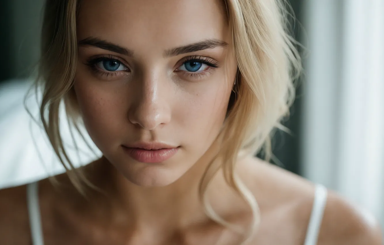 Фото обои взгляд, макро, блондинка, длинные волосы, blue eyes, Stable Diffusion, нейросеть