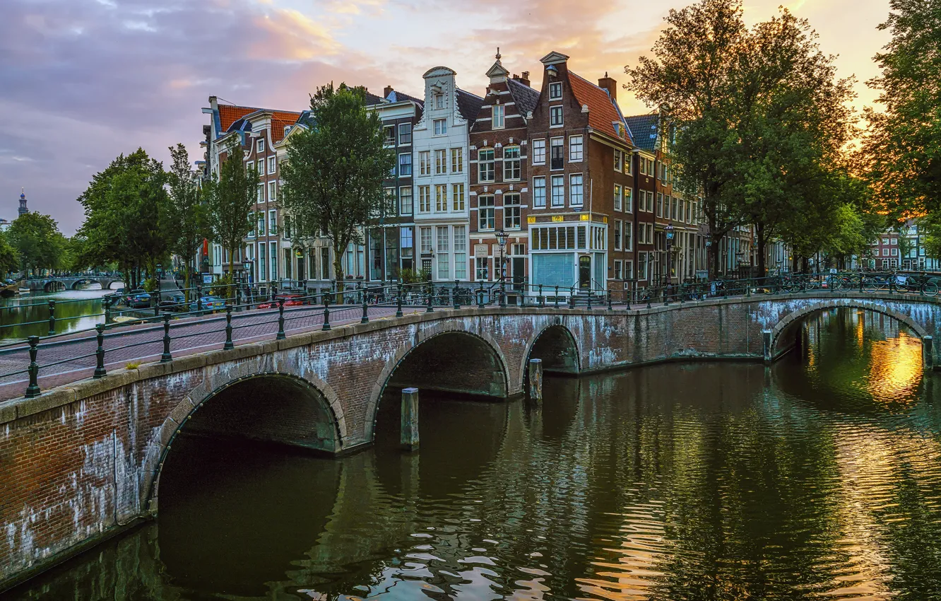 Фото обои деревья, река, дома, вечер, Амстердам, канал, Нидерланды, мосты
