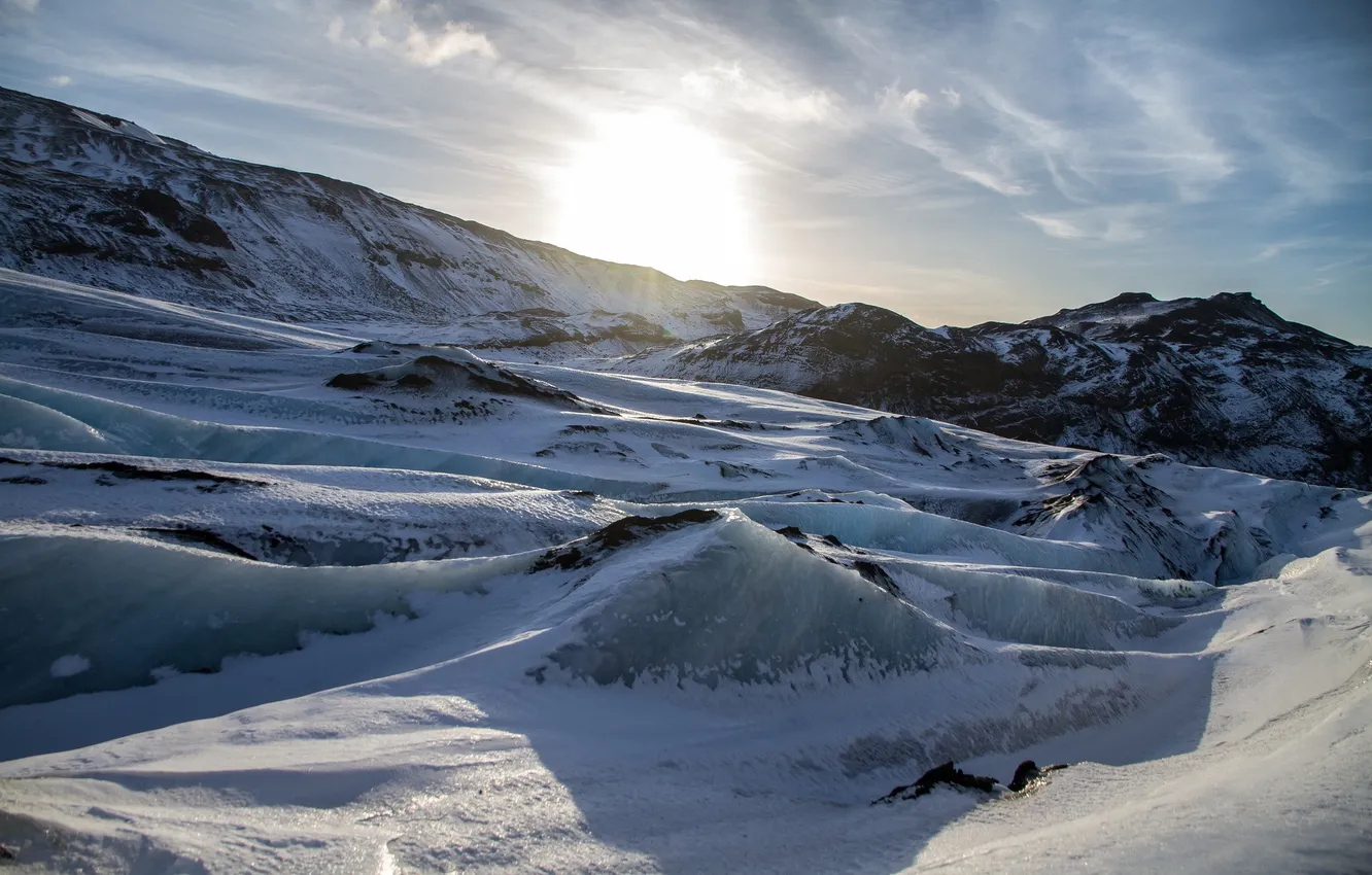 Фото обои лед, зима, солнце, снег, пейзаж, горы, льдины