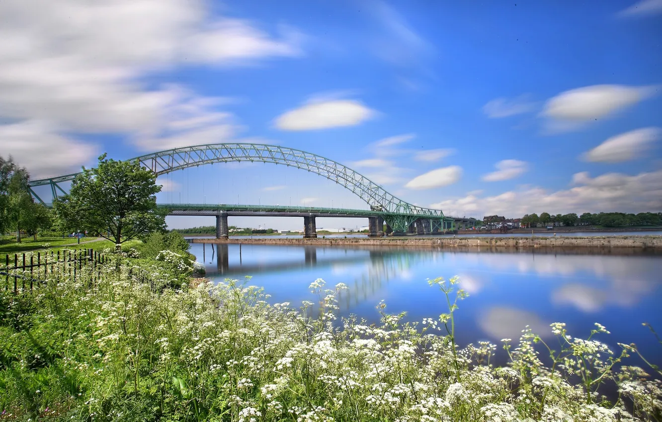 Фото обои цветы, мост, река, Англия, England, Ранкорн, Runcorn