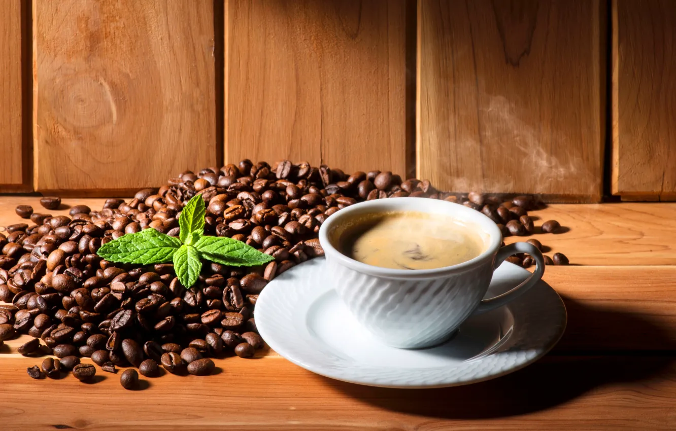 Фото обои листья, кофе, горячий, пар, чашка, белая, напиток, блюдце