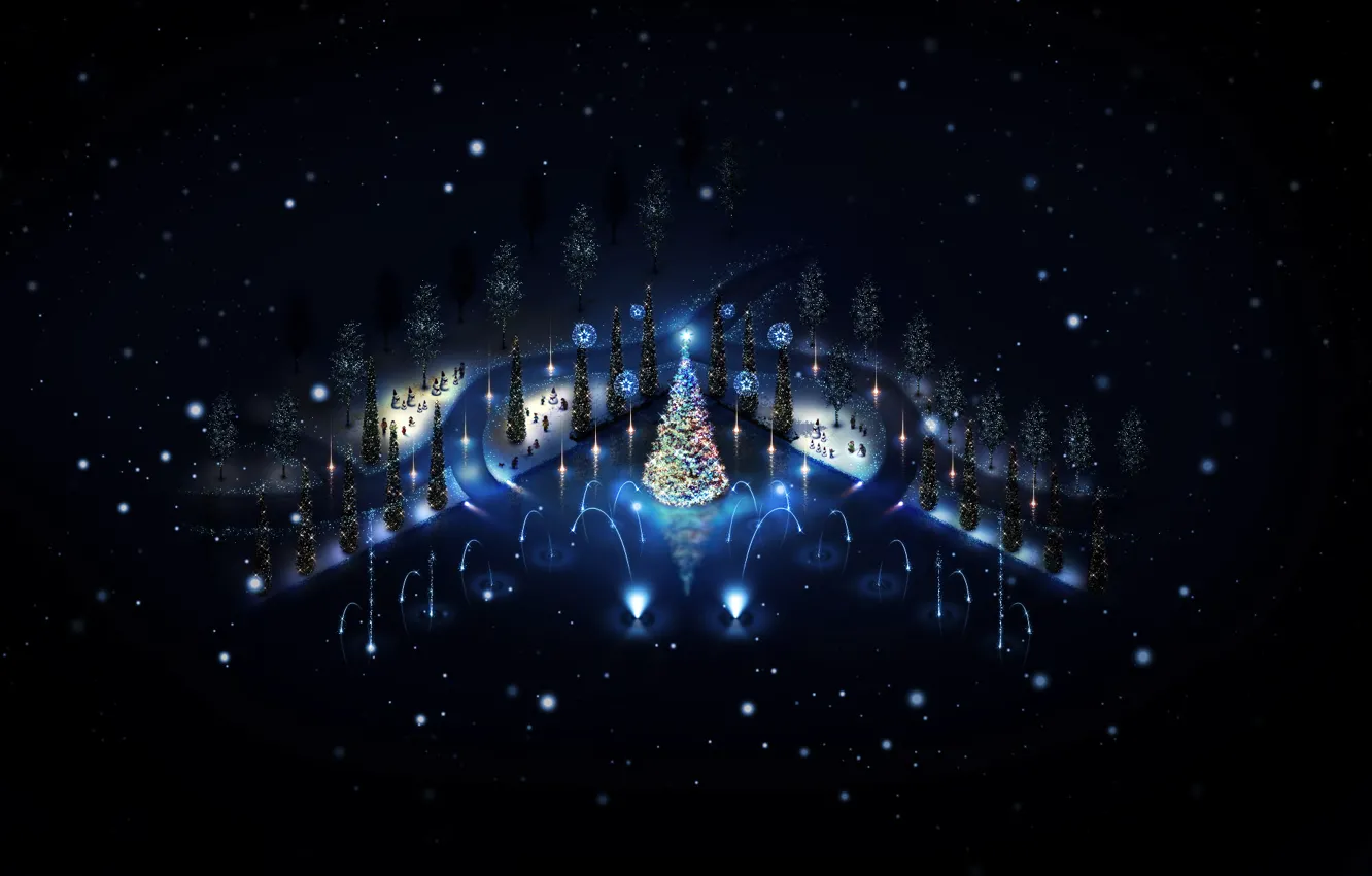 Фото обои зима, ночь, огни, праздник, игрушки, елка, новый год, снеговики