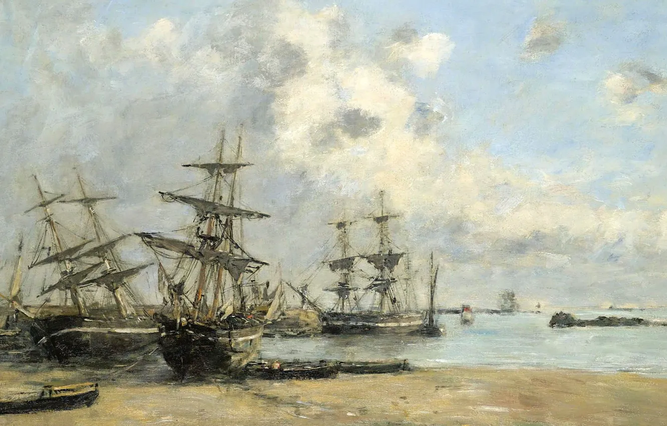Фото обои пейзаж, картина, Эжен Буден, Eugene Boudin, Сен-Ке-Портриё. Корабли в Порту