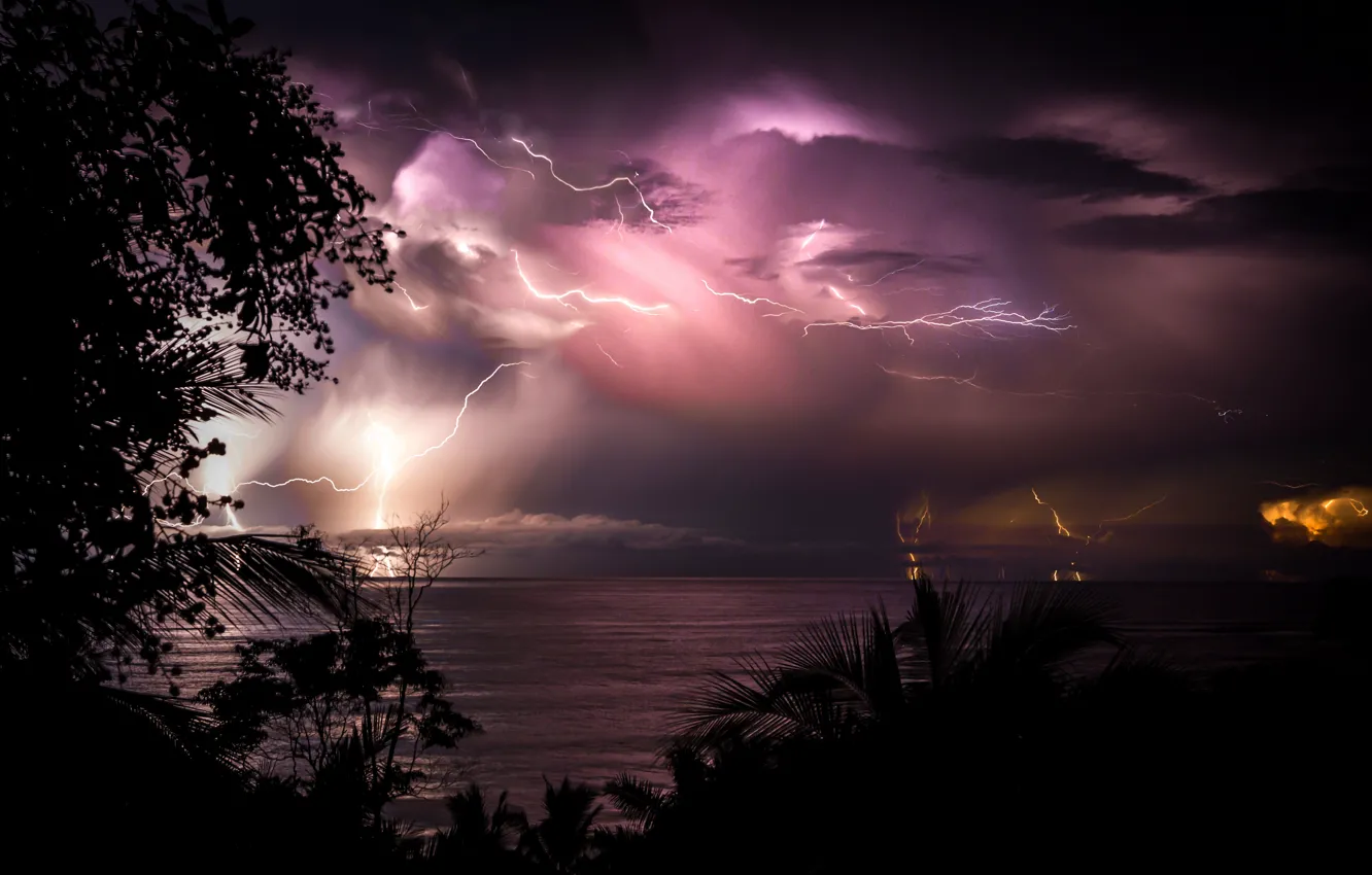 Фото обои вода, облака, ночь, молнии, Коста Рика