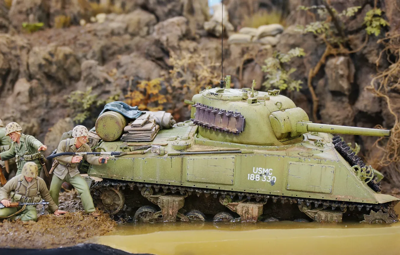 Фото обои игрушка, моделька, M4 Sherman, 1945, Okinawa