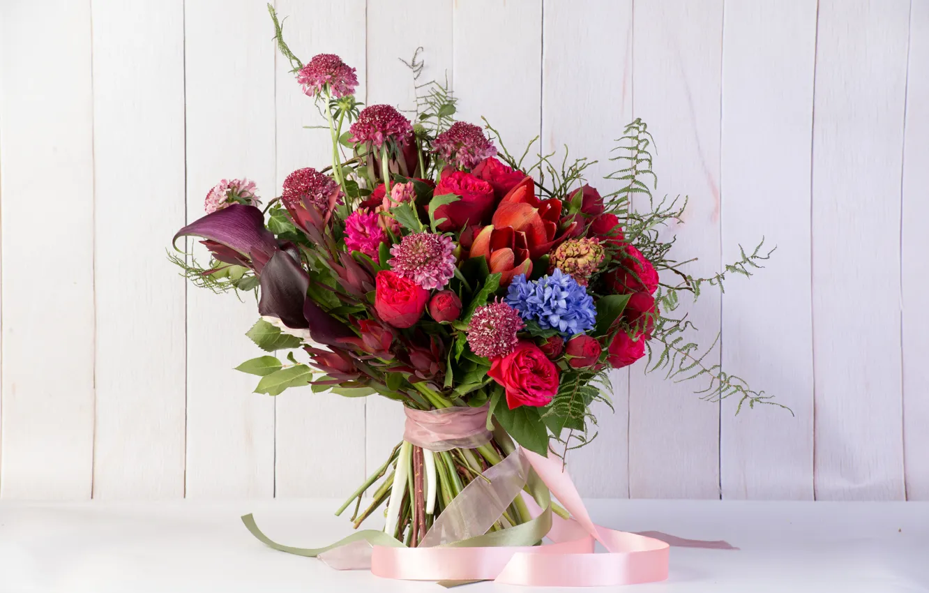Фото обои розы, лента, тюльпаны, tulips, каллы, гиацинты, bouquets