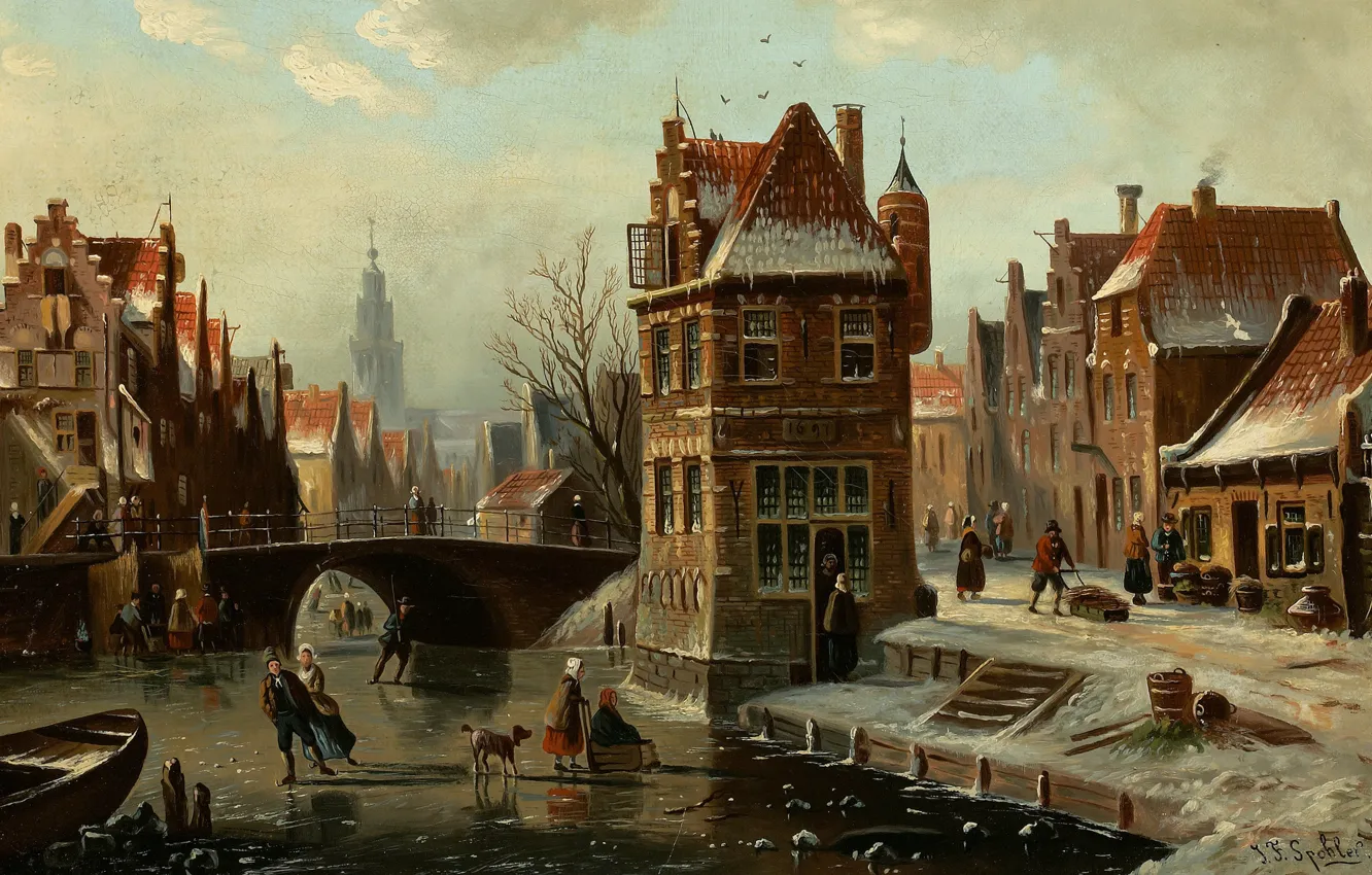 Фото обои Dutch painter, голландский художник, oil on canvas, Johannes Franciscus Spohler, Сцена на канале с фигуристами, …