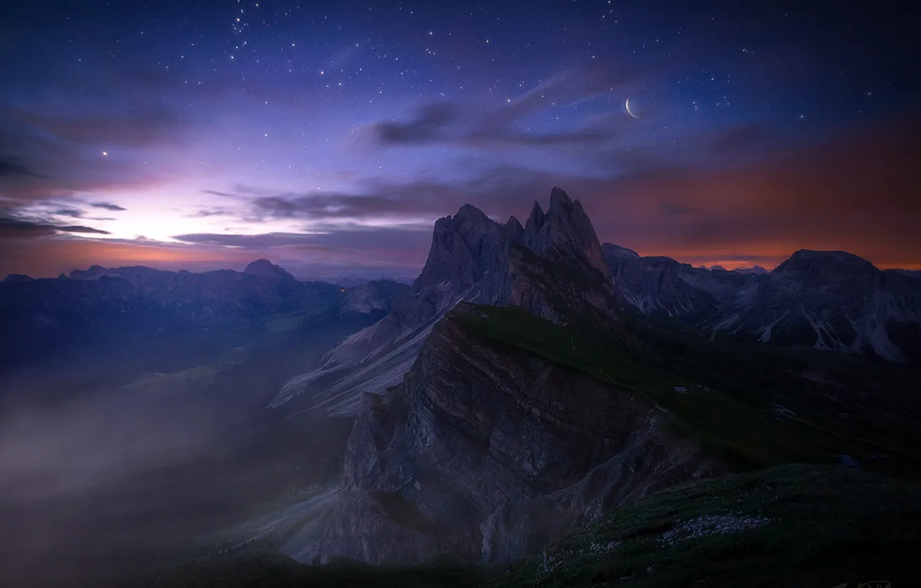 Фото обои горы, скалы, луна, горизонт, арт, Италия, доломиты