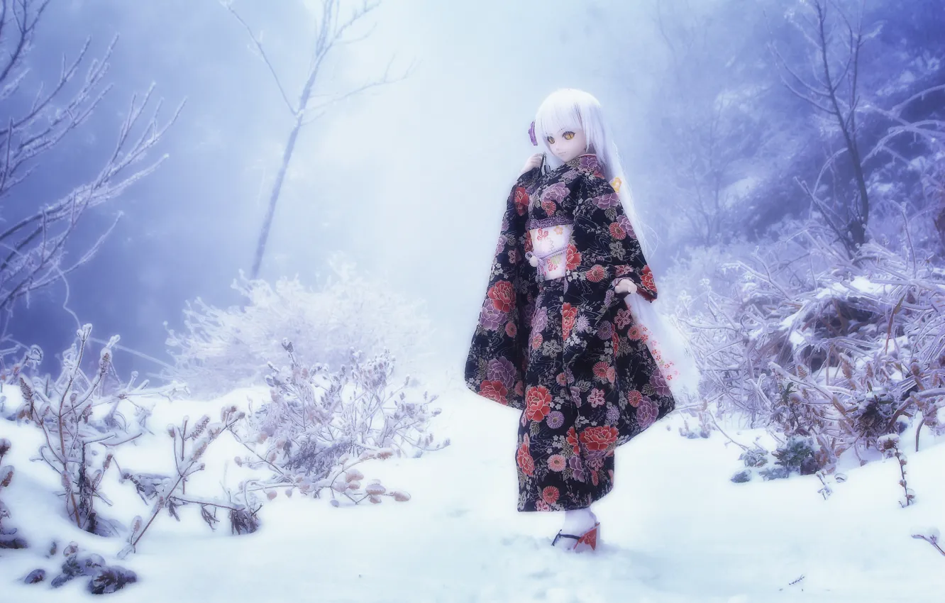 Фото обои зима, снег, природа, игрушка, кукла, блондинка