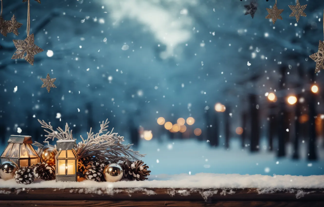 Фото обои снег, украшения, ночь, шары, Рождество, Новый год, Christmas, balls