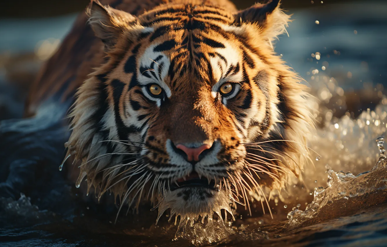 Фото обои Вода, Взгляд, Тигр, Морда, Хищник, Спереди, Цифровое искусство, Большая кошка