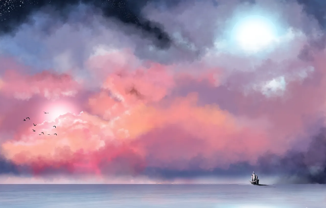 Фото обои море, небо, звезды, облака, птицы, туман, корабль, живопись