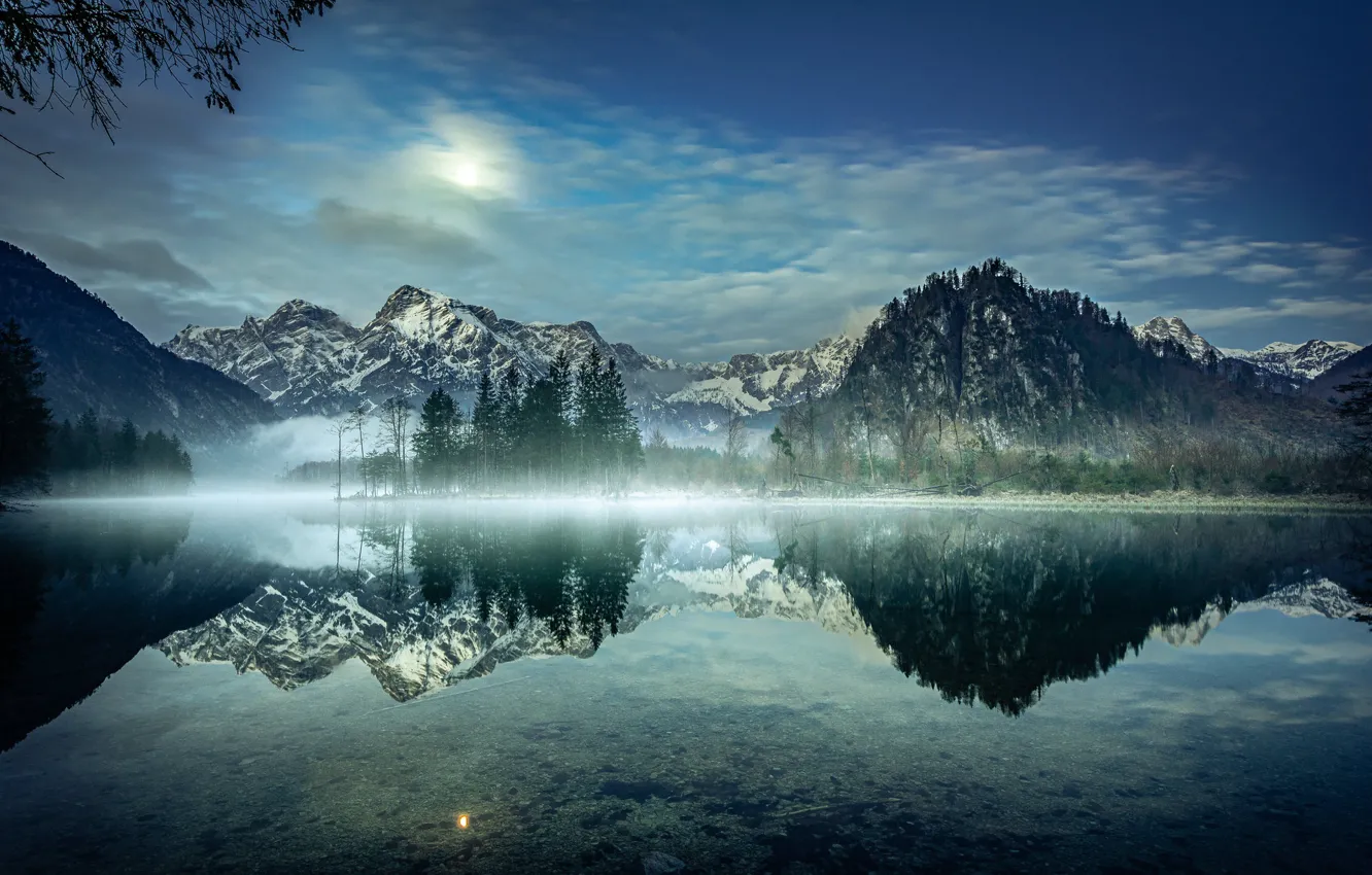 Фото обои деревья, горы, озеро, отражение, утро, Австрия, Альпы, Austria