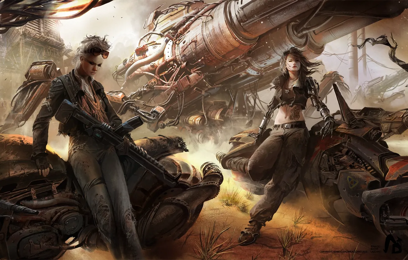 Фото обои оружие, девушки, мотоциклы, арт, автомат, стимпак