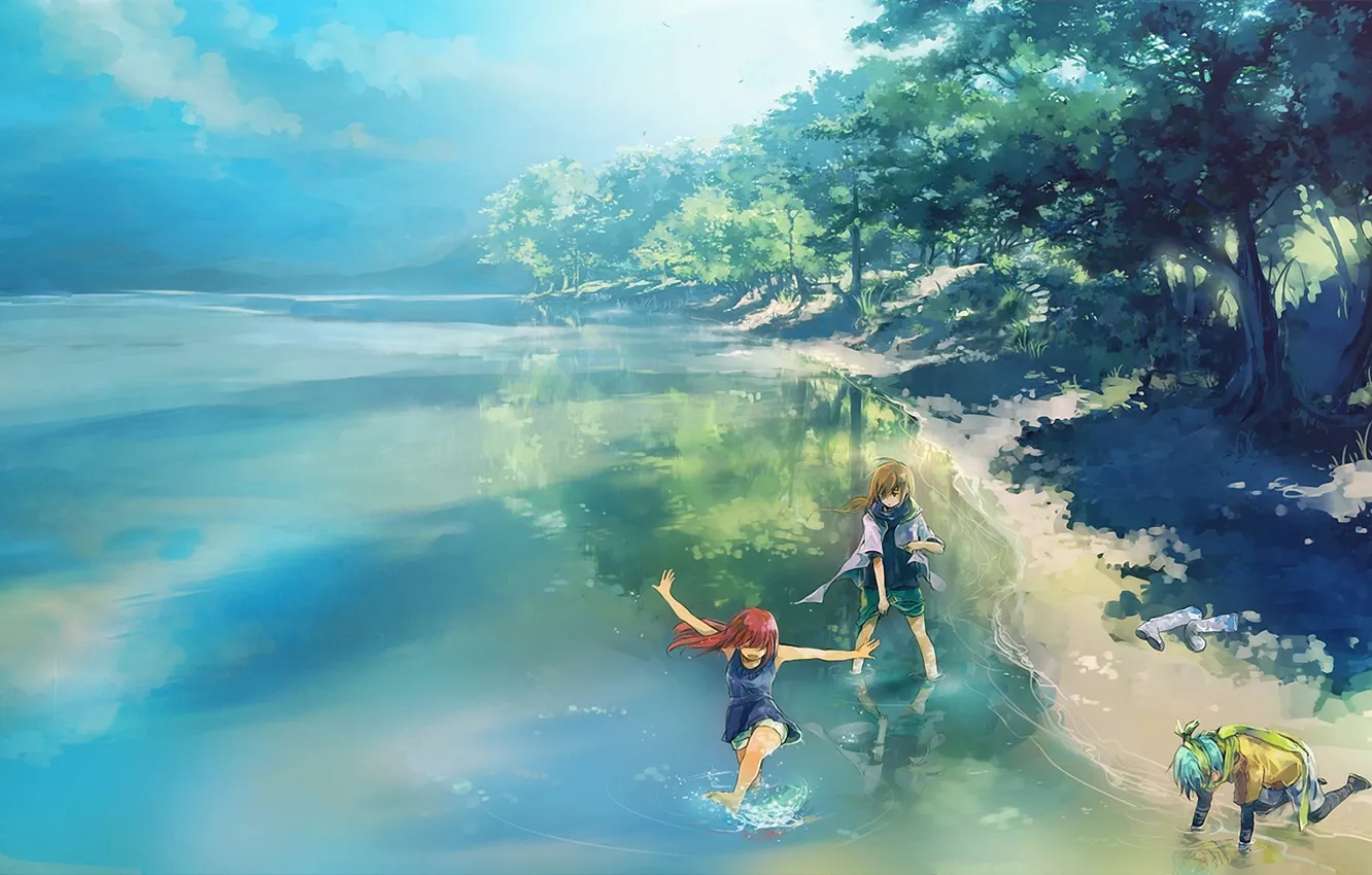 Фото обои деревья, радость, озеро, девушки, арт