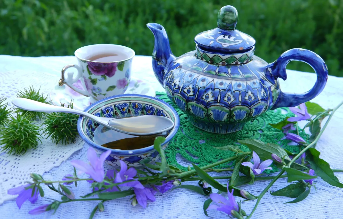 Фото обои чай, мед, чашка, натюрморт, колокольчики, заварник