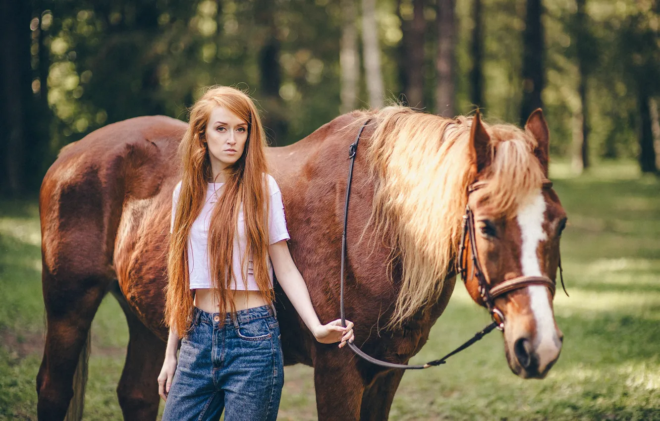 Фото обои лето, девушка, волосы, лошадь, рыжая, прогулка