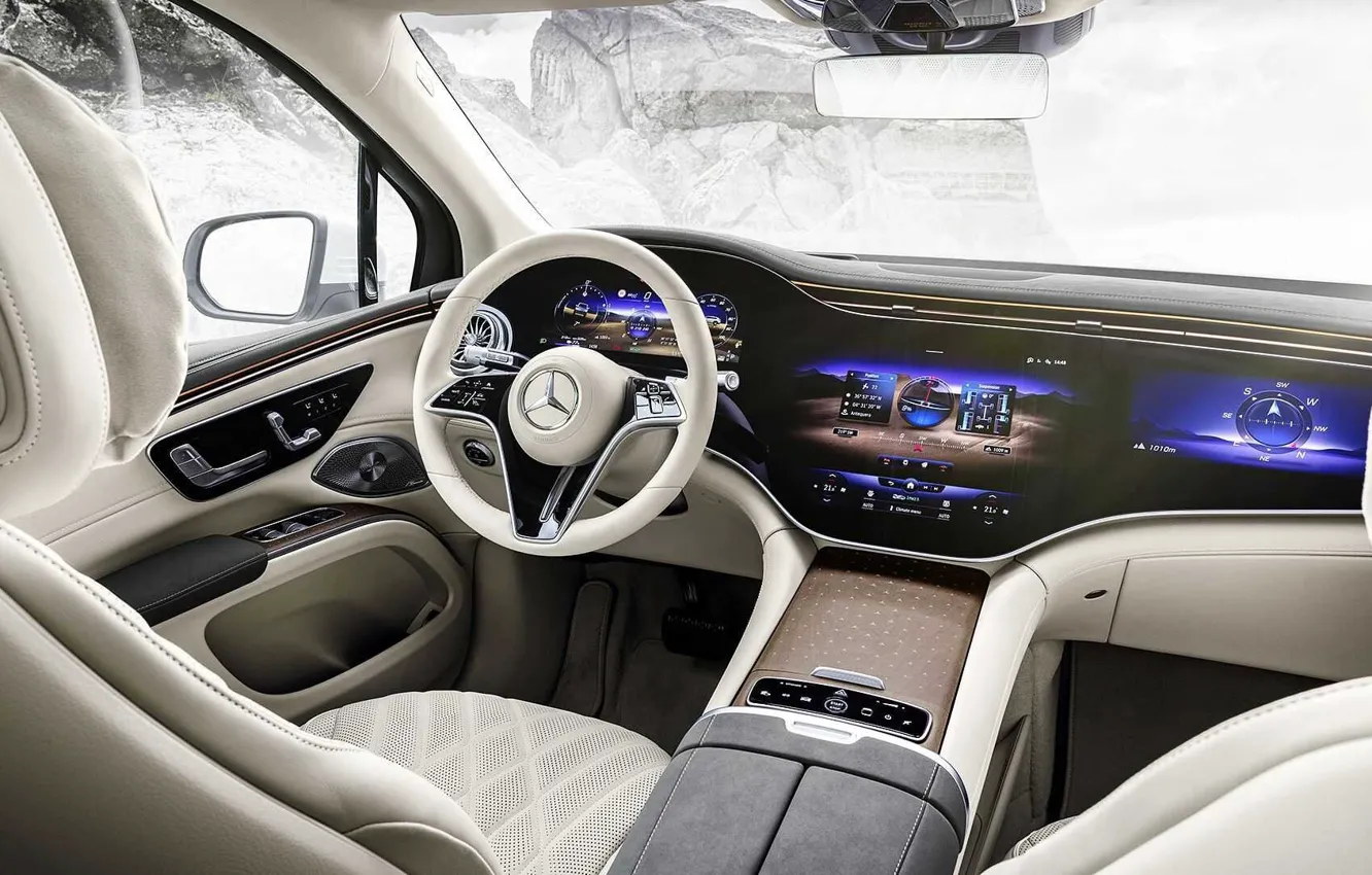 Фото обои Mercedes-Benz, интерьер, дисплей, консоль, SUV, EQS