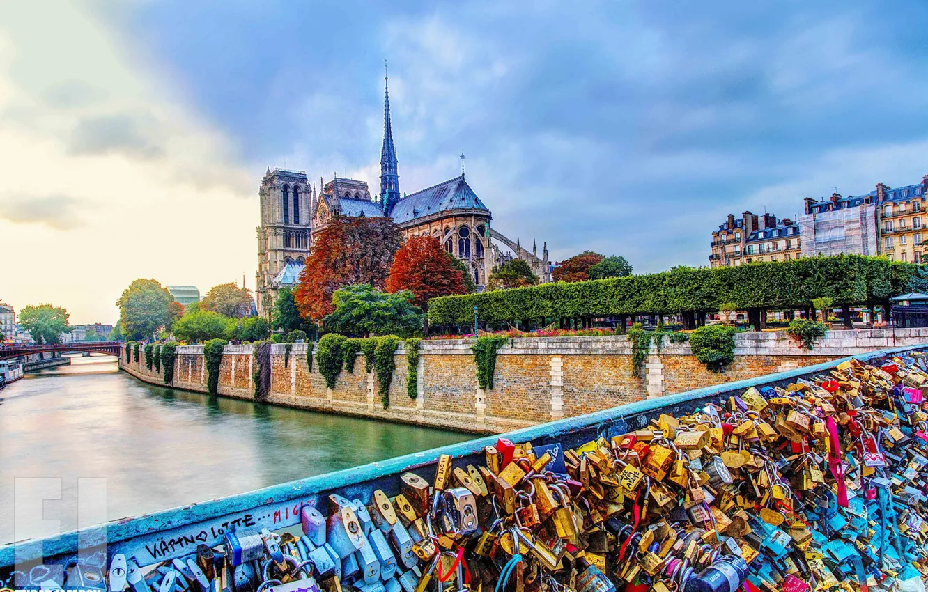 Фото обои мост, Париж, Сена, собор, набережная, замки