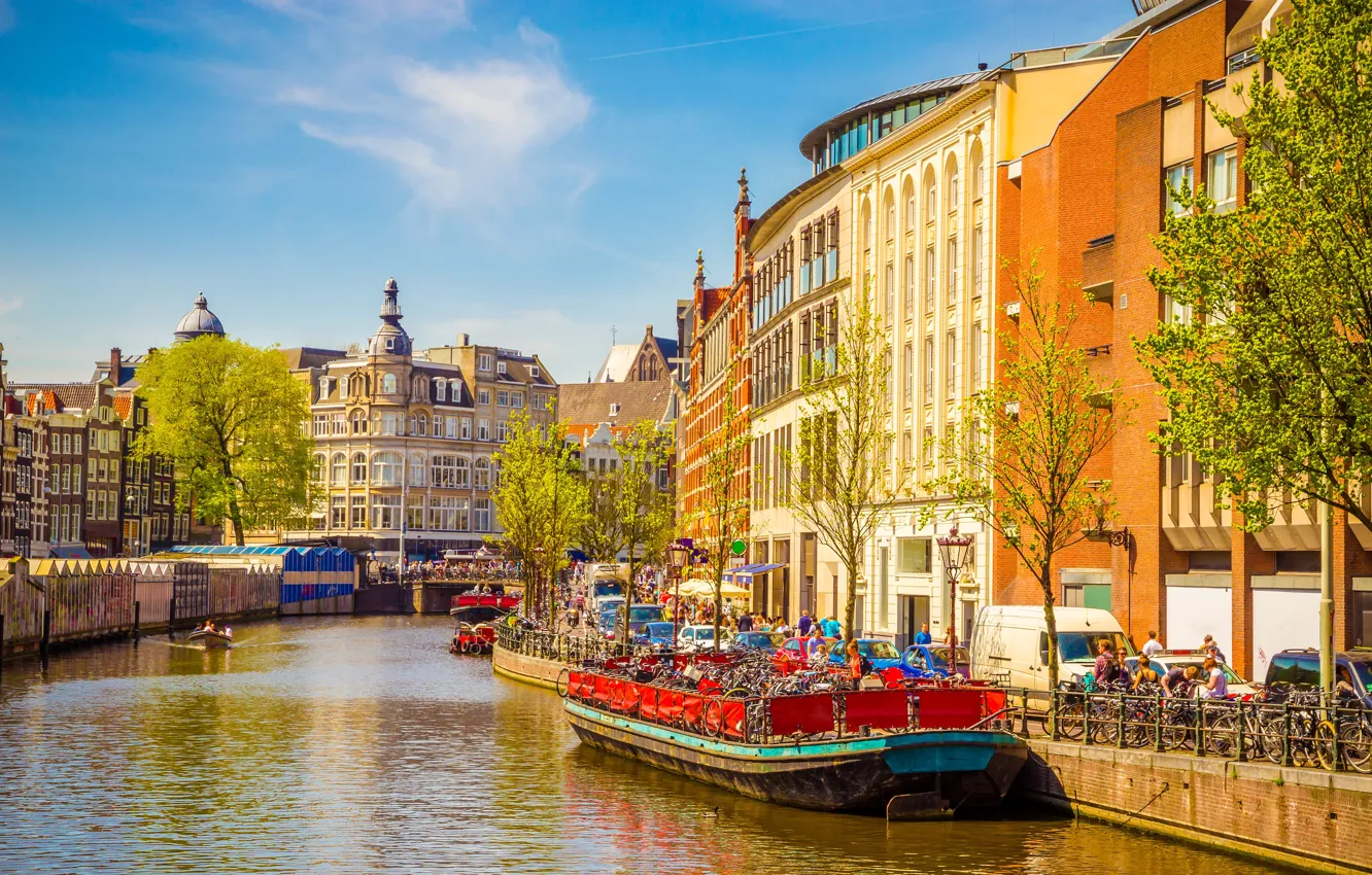 Фото обои река, весна, лодки, Амстердам, Amsterdam, old, spring, buildings