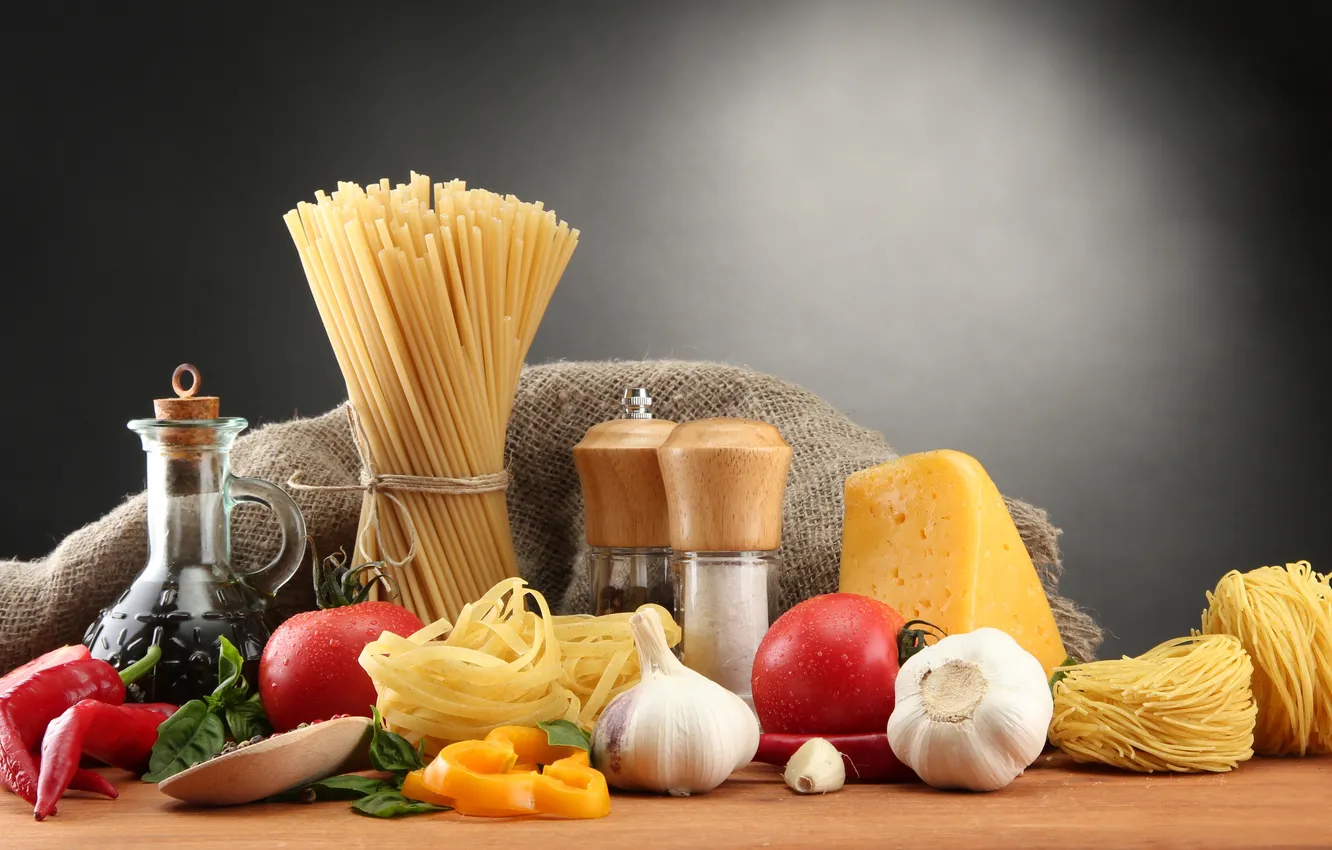 Фото обои еда, сыр, перец, помидоры, спагетти, специи, чеснок, чили