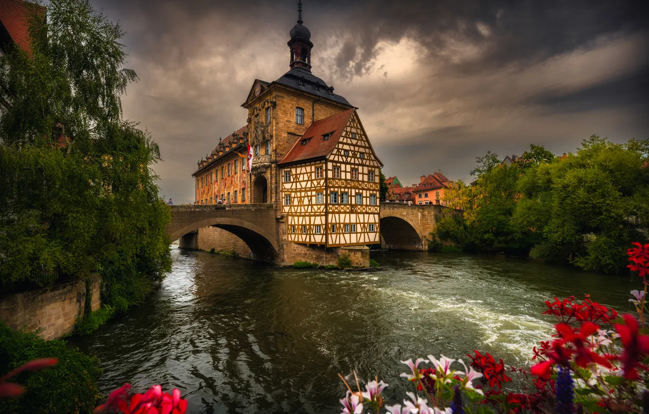 Фото обои цветы, мост, река, здание, Германия, Бавария, Germany, Bamberg