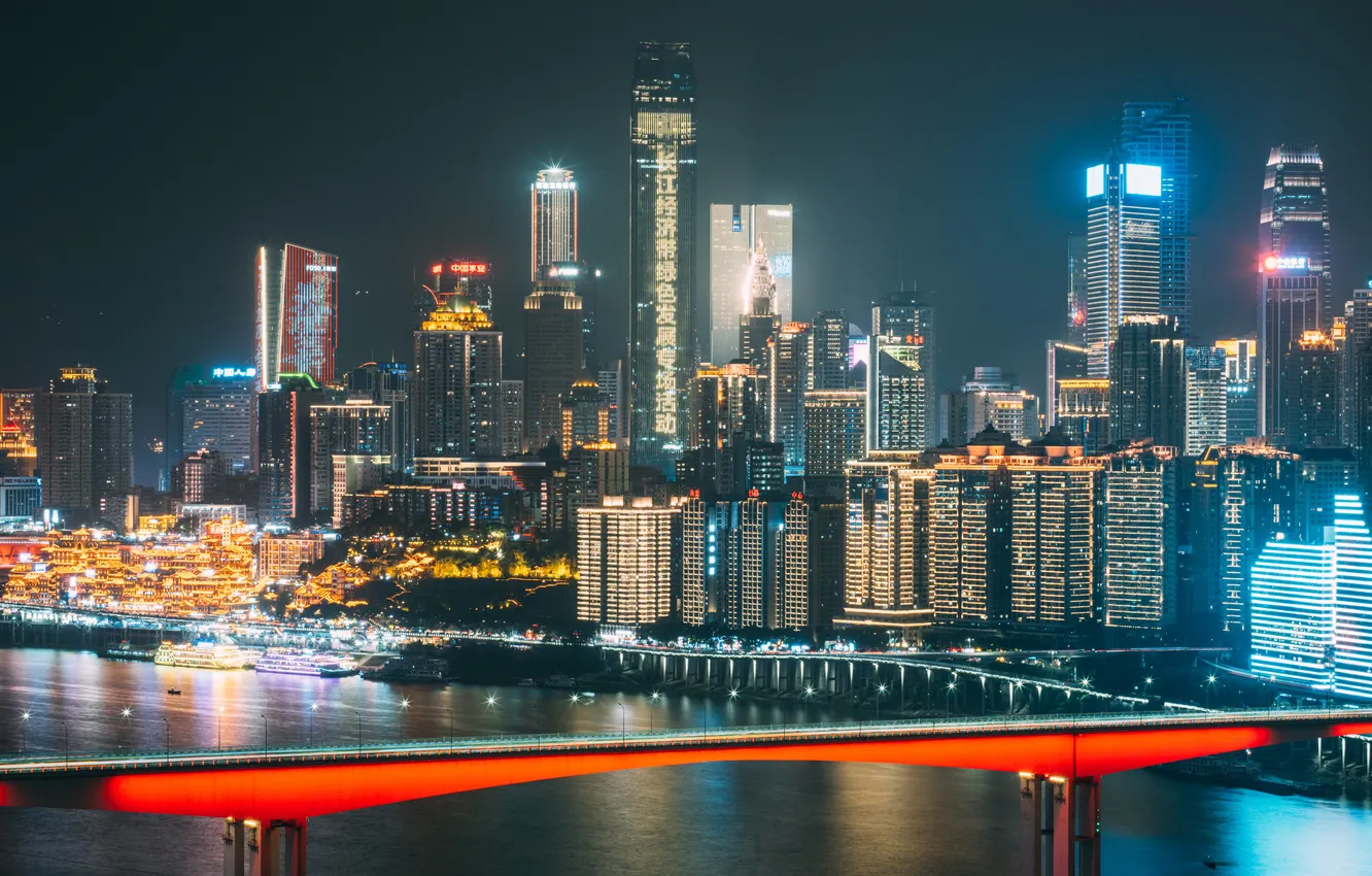 Фото обои ночь, мост, огни, река, China, дома, Chongqing, Eternal-Ray