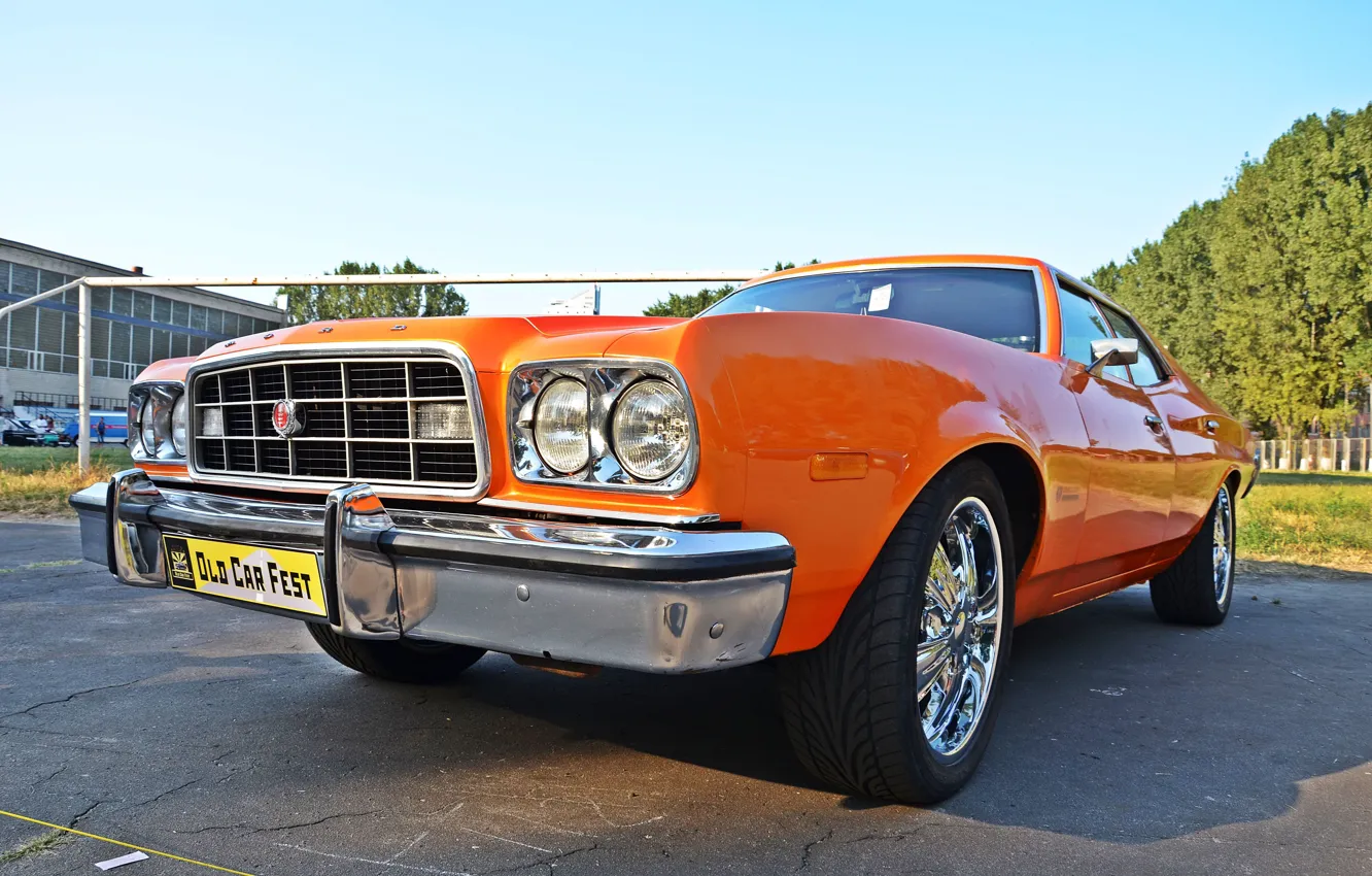 Фото обои машина, оранжевый, ретро, фары, капот, америка, диски