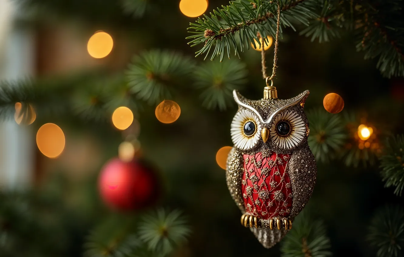 Фото обои украшения, сова, игрушка, елка, Рождество, Новый год, Christmas, tree