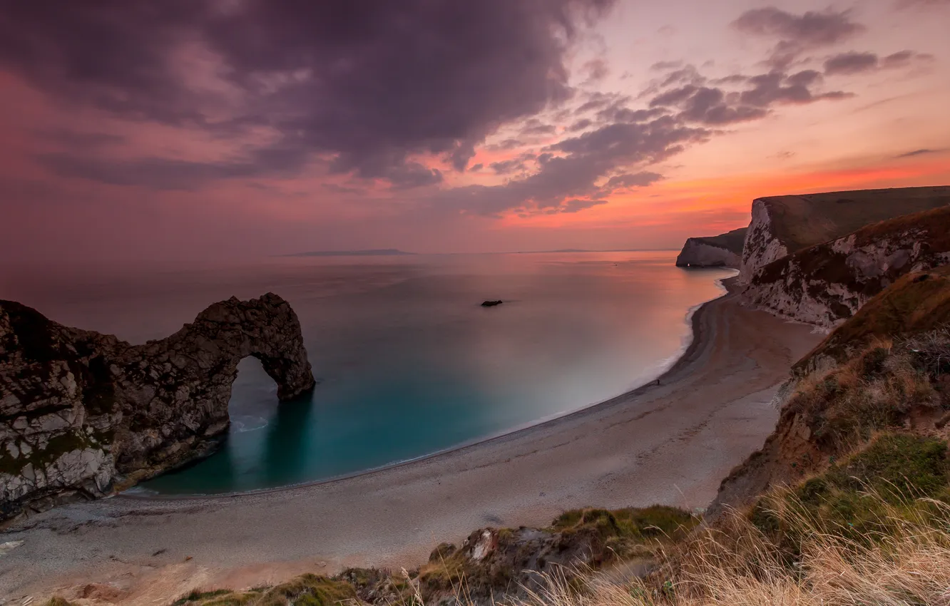 Фото обои море, облака, закат, скалы, берег, арка