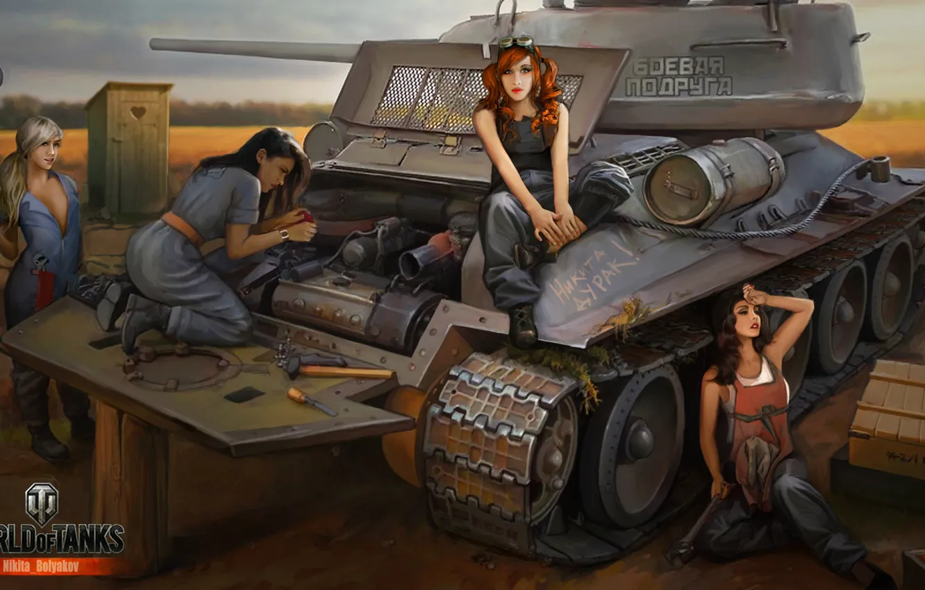 Фото обои девушка, двигатель, танк, girl, ремонт, танки, WoT, Мир танков