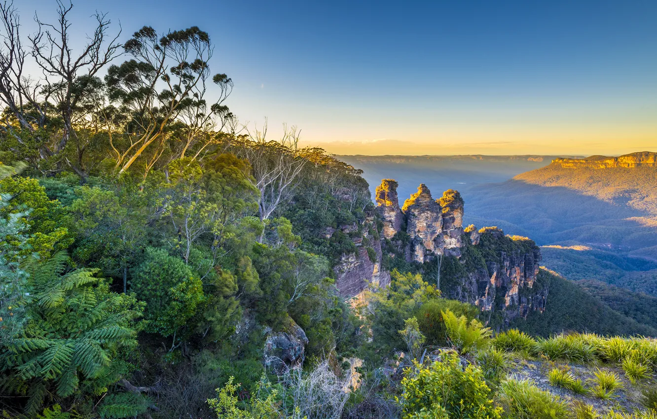 Фото обои небо, закат, горы, растения, долина, горизонт, Австралия, дымка
