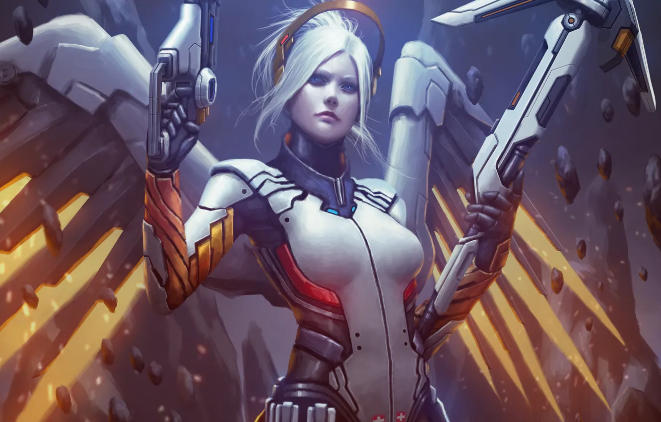 Фото обои девушка, ангел, доктор, blizzard, art, Overwatch, Mercy, Angela Ziegler