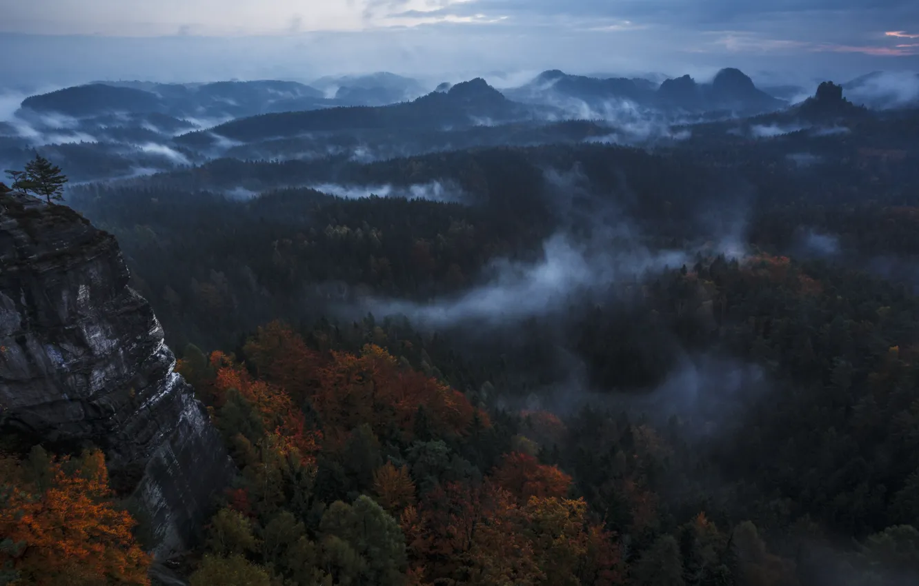 Фото обои осень, лес, небо, облака, горы, природа, скалы, дымка