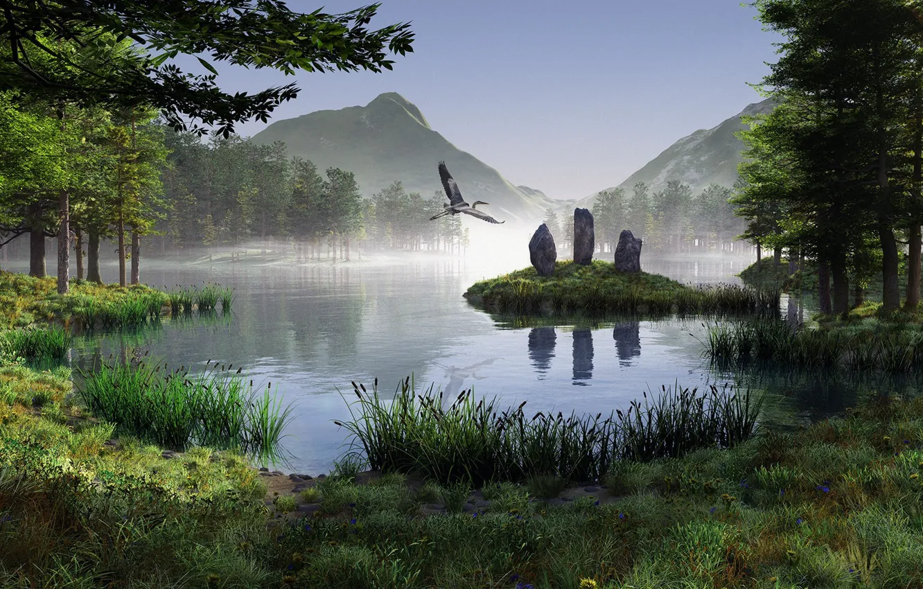 Фото обои пейзаж, горы, озеро, камни, птица, журавль, монолит, рендер