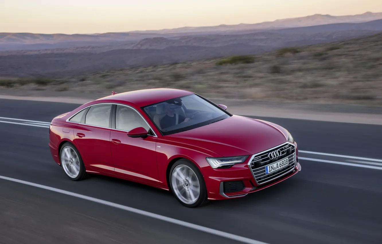 Фото обои дорога, красный, Audi, седан, 2018, четырёхдверный, A6 Sedan