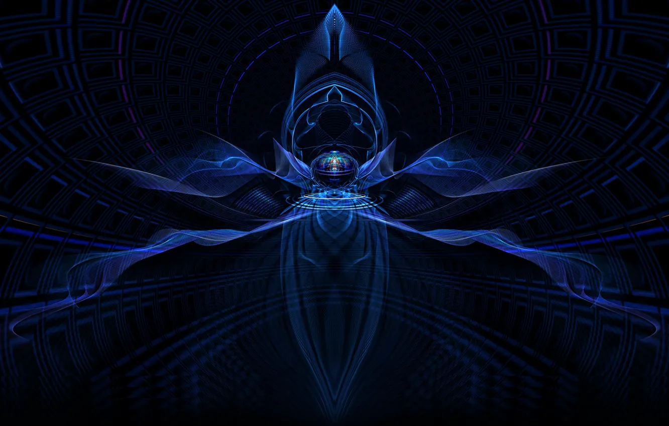 Фото обои фракталы, голубое свечение, dark blue, темно-синий, fractals, geometric shapes, геометрические формы, blue glow