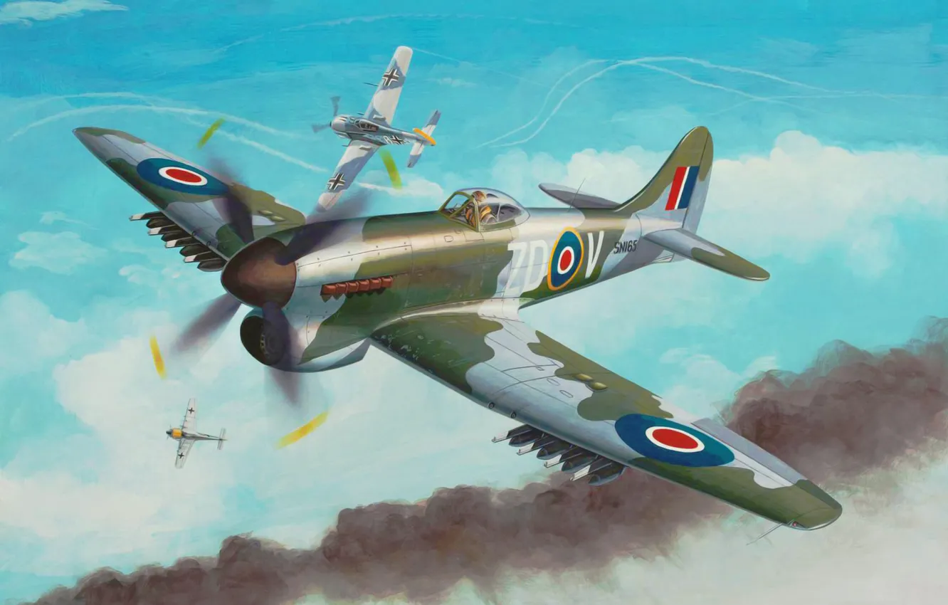Фото обои war, art, airplane, painting, aviation, ww2, Hawker Tempest Mk.V