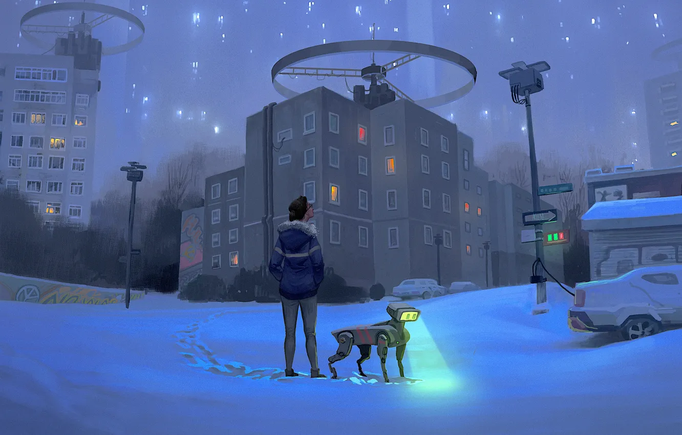 Фото обои car, girl, fantasy, robot, night, science fiction, dog, winter