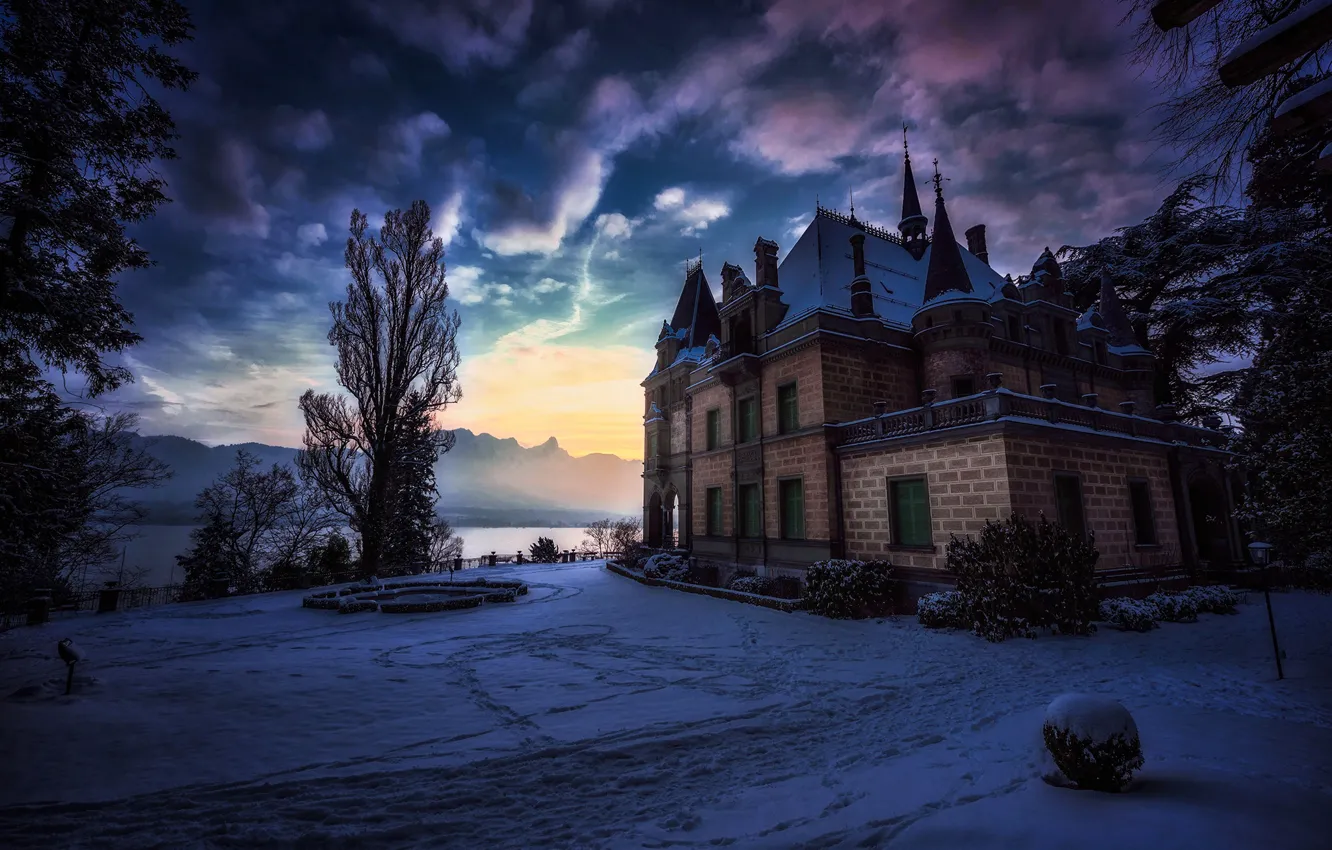 Фото обои зима, горы, замок, Швейцария, Switzerland, Hunegg Castle Hilterfingen