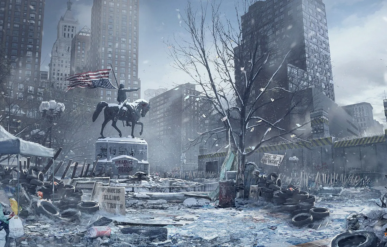 Фото обои зима, снег, город, лошадь, памятник, Tom Clancy's The Division, The Division