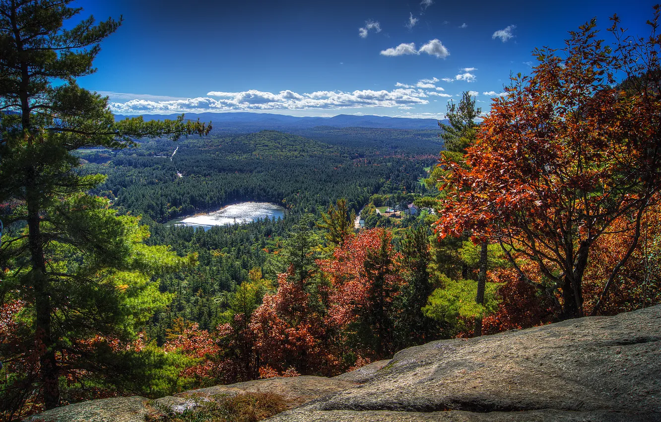 Фото обои лес, облака, деревья, горы, озеро, панорама, США, North Conway